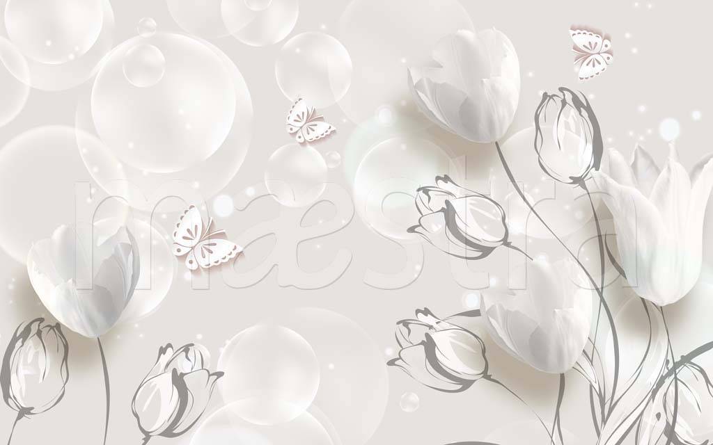 Фотообои 3д белые тюльпаны с графической обработкой